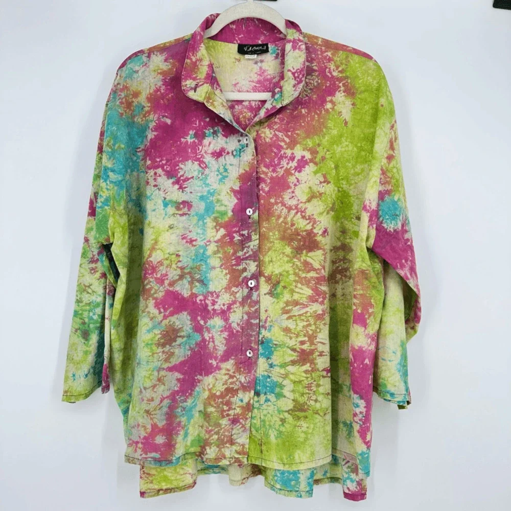 Dilemma New York Womens Button Up Shirt Size L Watercolor Art To Wear Rave - Picture 10 of 10